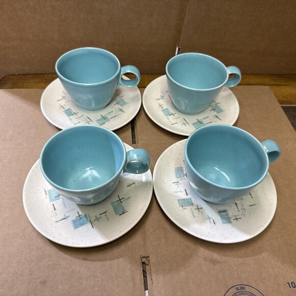 Metlox Vernon Heavenly Days Atomic Turquoise Blue Cups Saucers Set of (4) - Picture 2 of 7